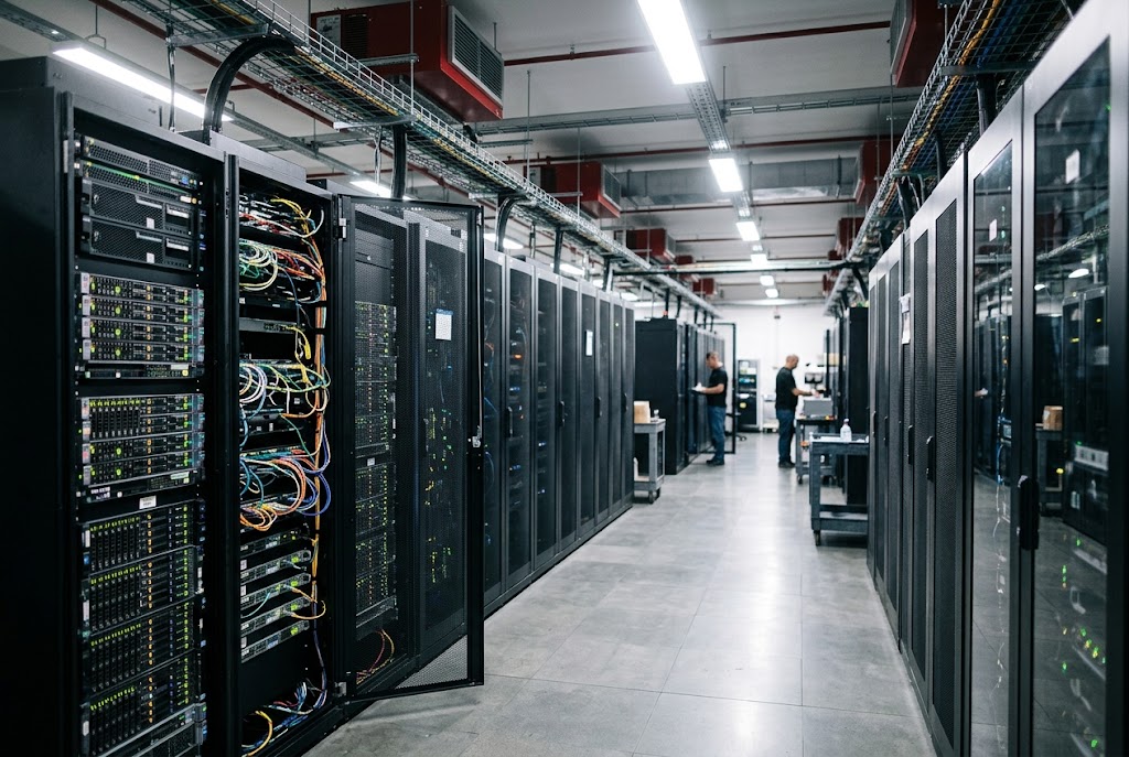 IT infrastructure: data centre aisle with open server racks and network cabling