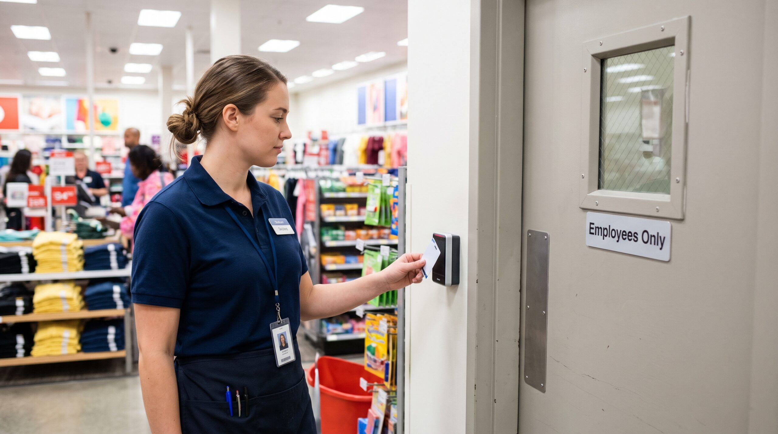 Access control: store colleague tapping a staff ID card on a reader at an Employees Only door