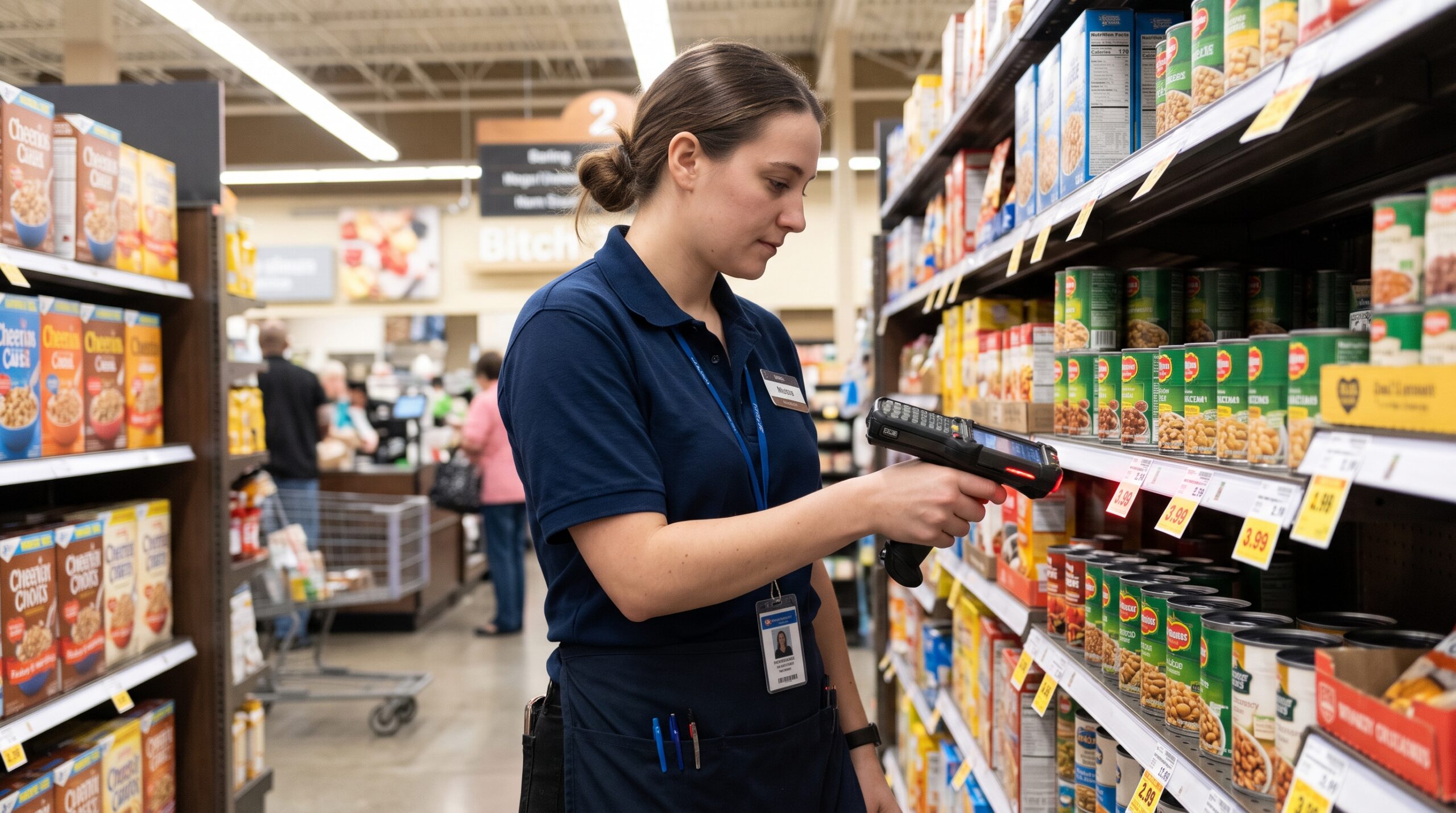 Store colleague scanning a shelf-edge label in a grocery aisle with a handheld mobile computer