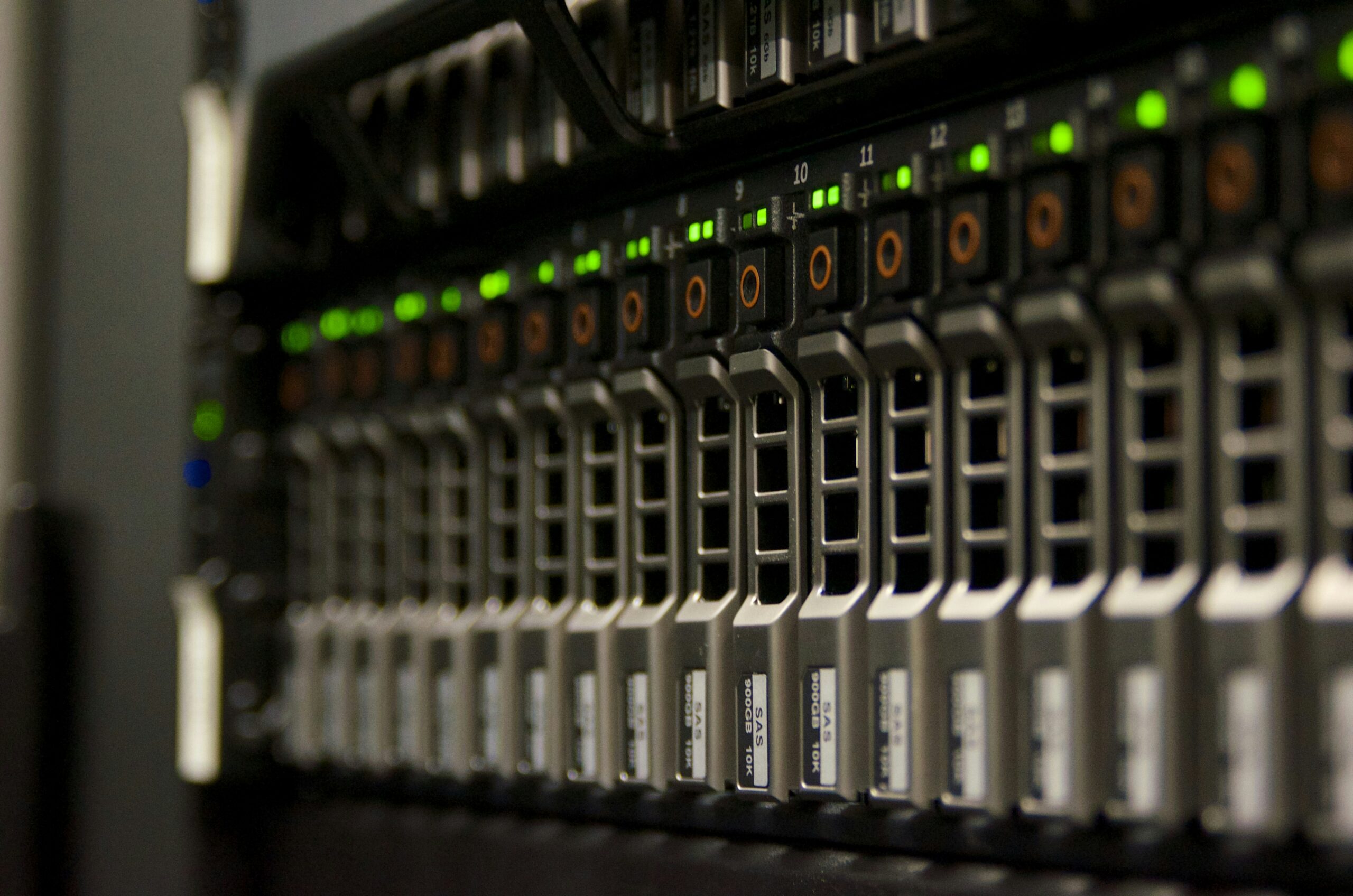 Servers and storage: close-up of rack-mounted server drive bays