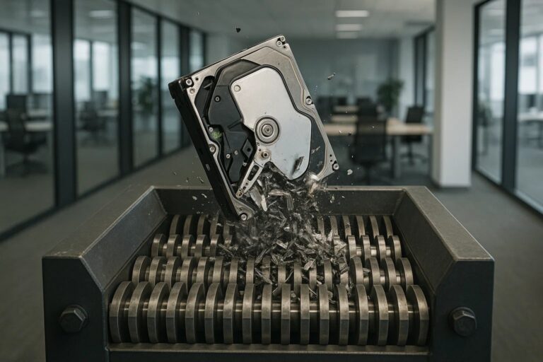 IT asset disposal: a hard drive being physically destroyed in an industrial shredder